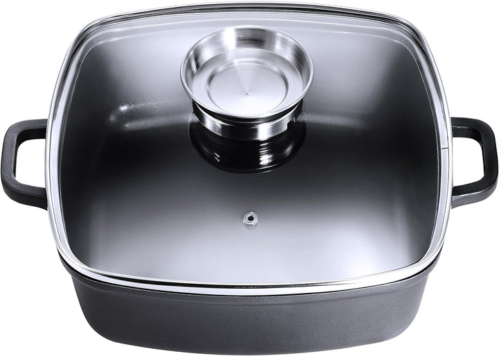Kopf Bräter Santorin (Aluguss, 3,8 Liter, inkl. Glasdeckel mit Aromaknopf, Induktion) schwarz, 3,8 L