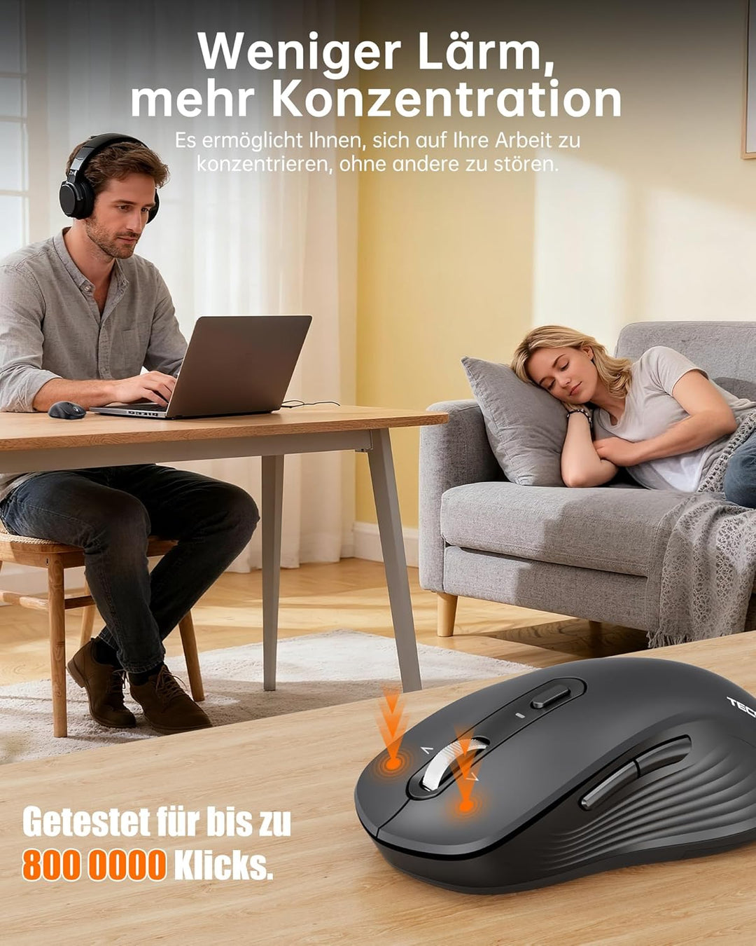 TECKNET Bluetooth Maus, Maus Kabellos (BT 5.0/3.0 + 2.4G), 4-Wege-Scrollrad Leise Funkmaus mit USB-A