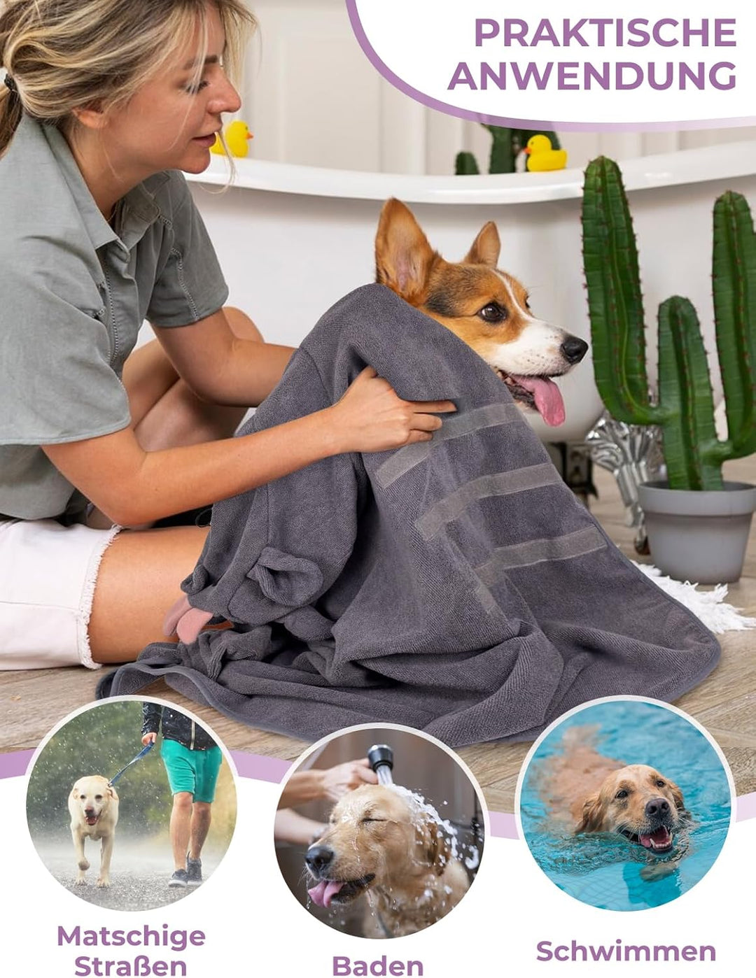 Hundebademantel Schnelltrocknend Badetuch aus Mikrofaser, Bibykivn Einstellbar Hundehandtuch, Saugfä