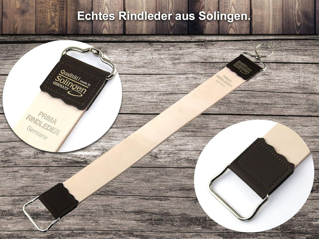 Rasiermesserset Solingen Streichriemen Schleifpaste und Rasiermesser mit Goldätzung BRAND von Instru