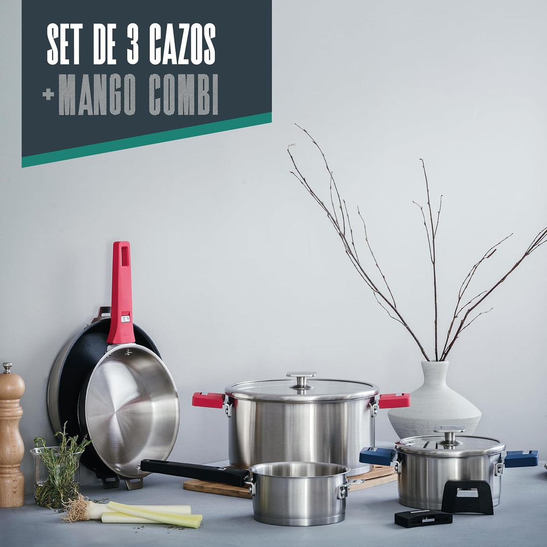 Lacor - 56610 - Set mit 3 Kombi-Töpfen, Griff, stapelbar, geeignet für Induktion, Spülmaschine und B