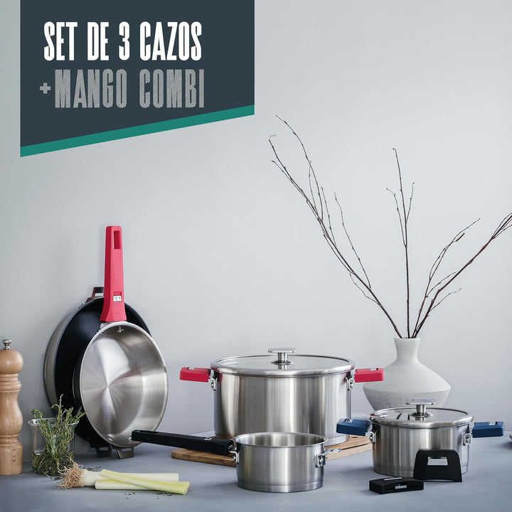 Lacor - 56610 - Set mit 3 Kombi-Töpfen, Griff, stapelbar, geeignet für Induktion, Spülmaschine und B