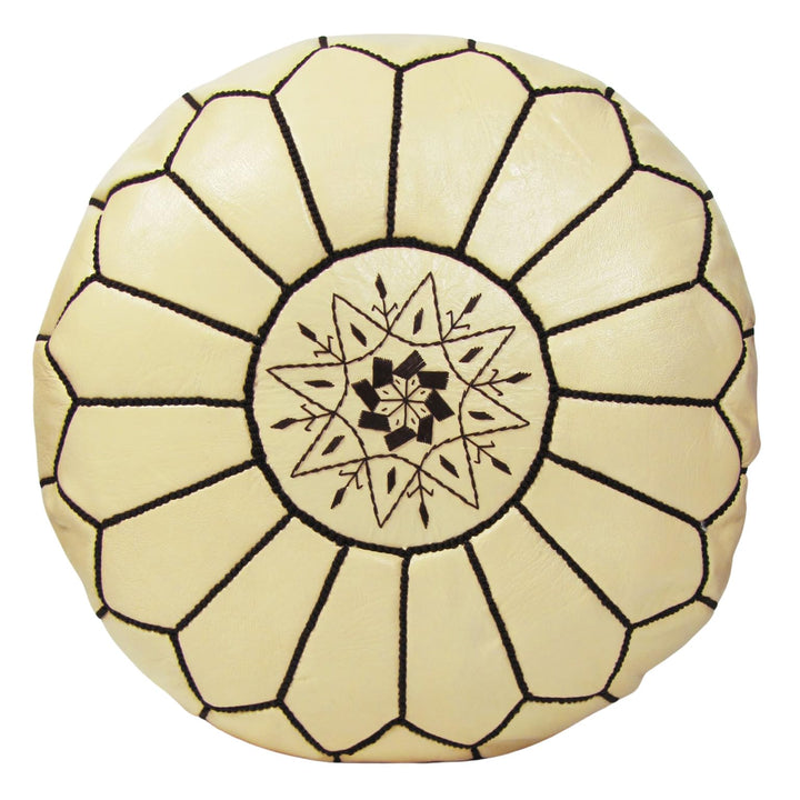 ALMADIH Leder Pouf Creme Echtleder Sitzkissen Beige mit brauner Ziernaht - gefüllt geliefert - Tradi