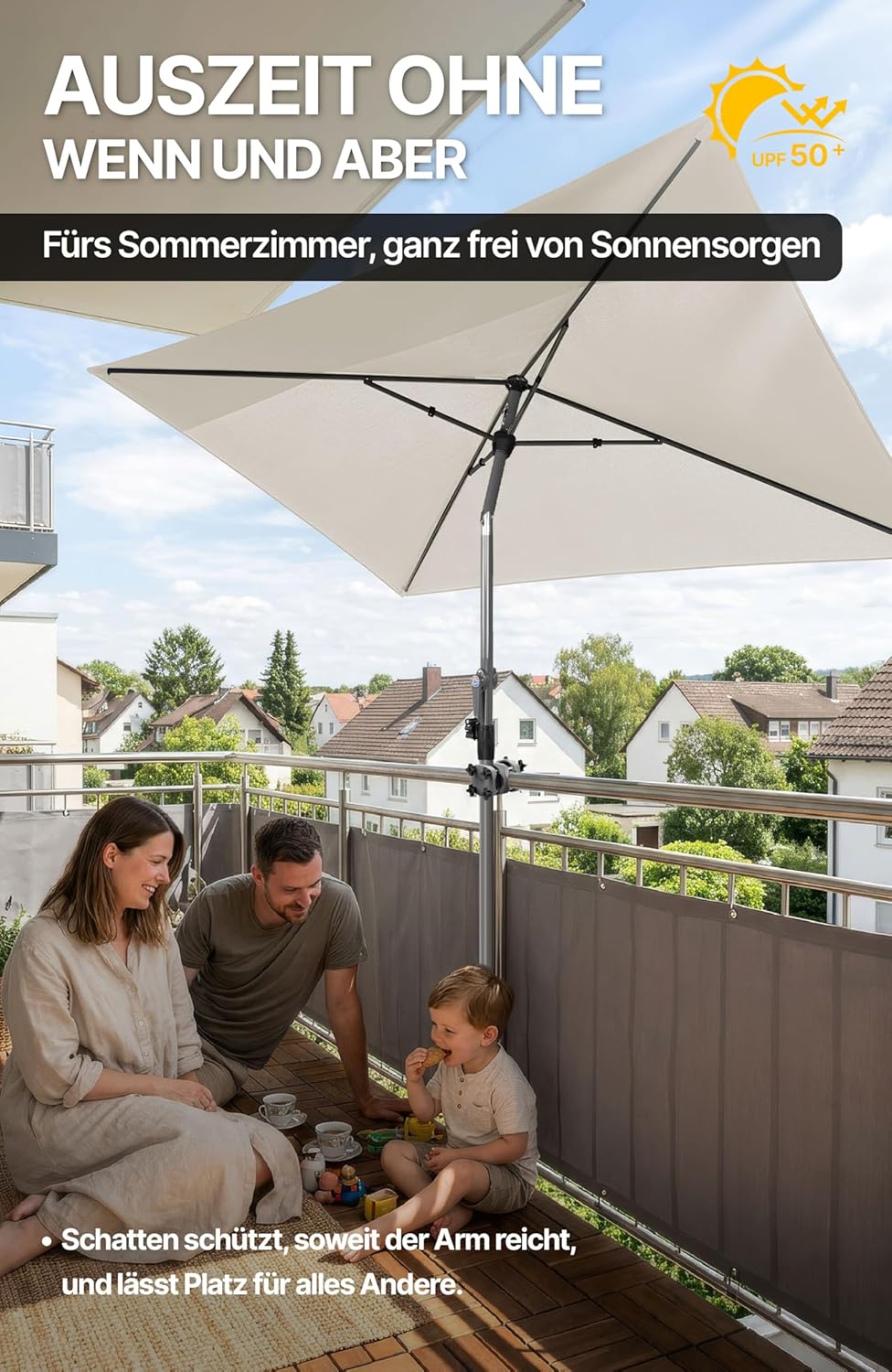 4smile Sonnenschirm Balkon mit Kurbel, Sonnenschirm rechteckig 200x125 cm, Sonnenschutz Balkon mit U