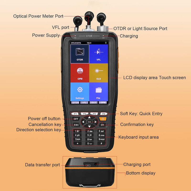 OTDR-Glasfasertester, Optisches Zeitbereichsreflektometer OTDR-Glasfasermessgerät 4-in-1-Glasfaserte