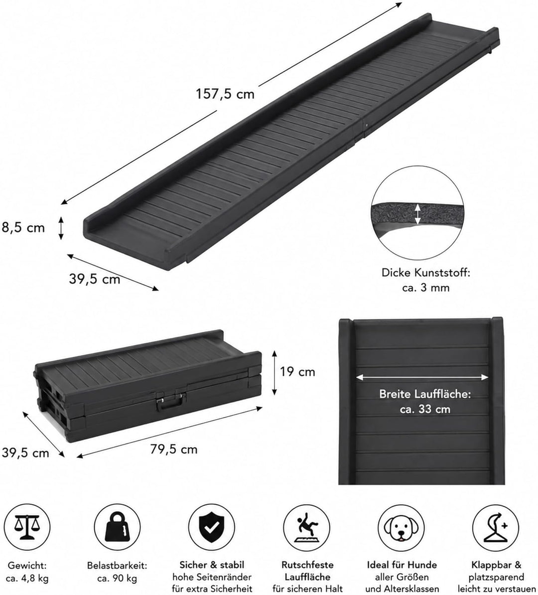 Mucola Hunderampe klappbar bis 90 kg belastbar – Einstiegshilfe 157,5x39,5cm für Auto, Antirutsch-Ob