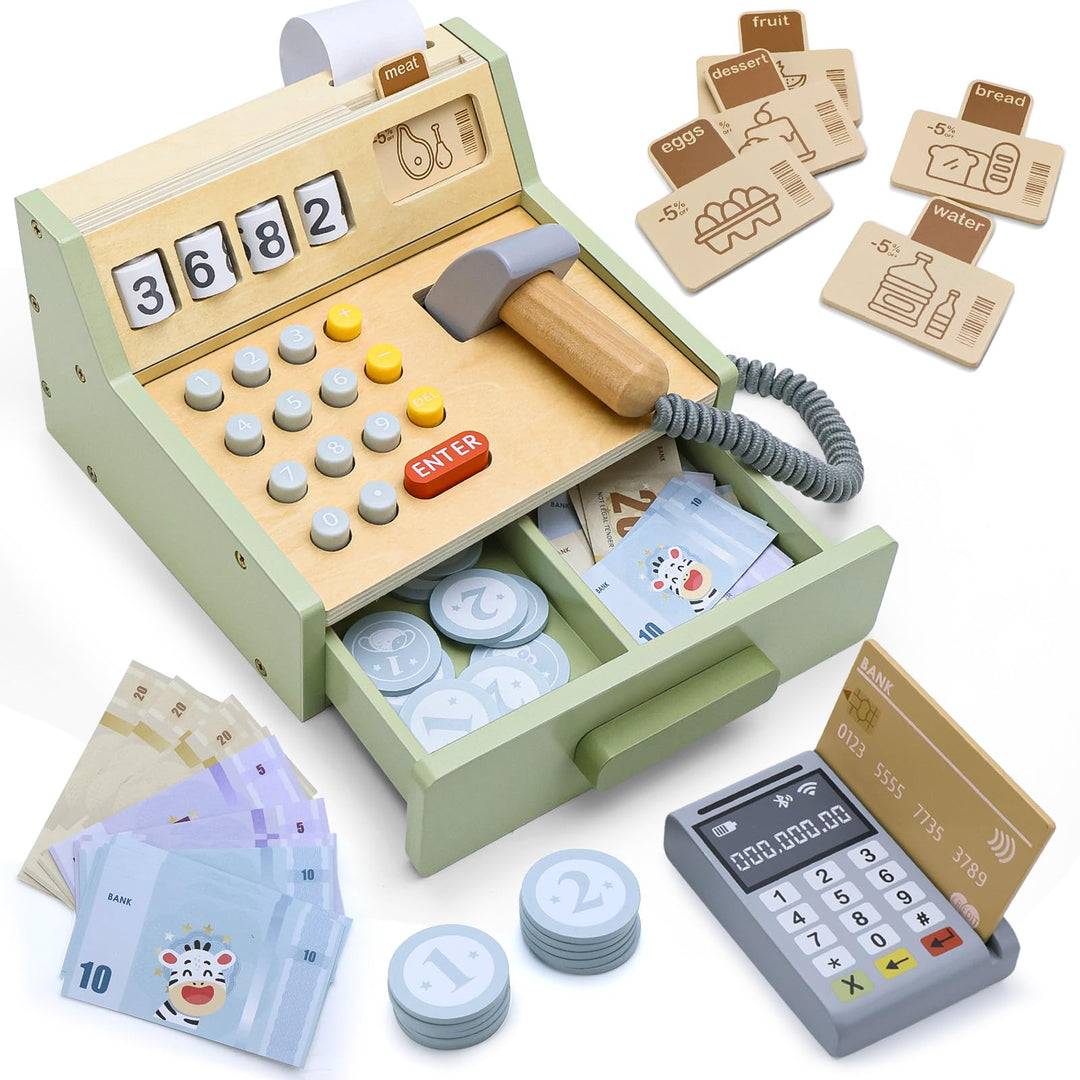 Holz Kaufladen Kasse mit Scanner, Zahlungsterminal, Spielgeld, Rollenspiel Zubehör für Kinder ab 3 J