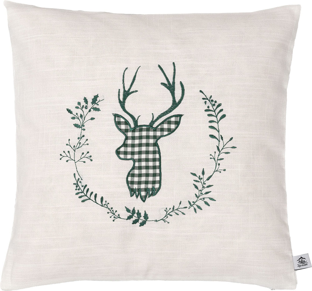 Zirbenkissen beige grün Bestickt mit Hirsch Grösse 40x40 cm befüllt mit Zirbenflocken aus Zirbenholz