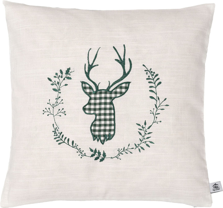 Zirbenkissen beige grün Bestickt mit Hirsch Grösse 40x40 cm befüllt mit Zirbenflocken aus Zirbenholz