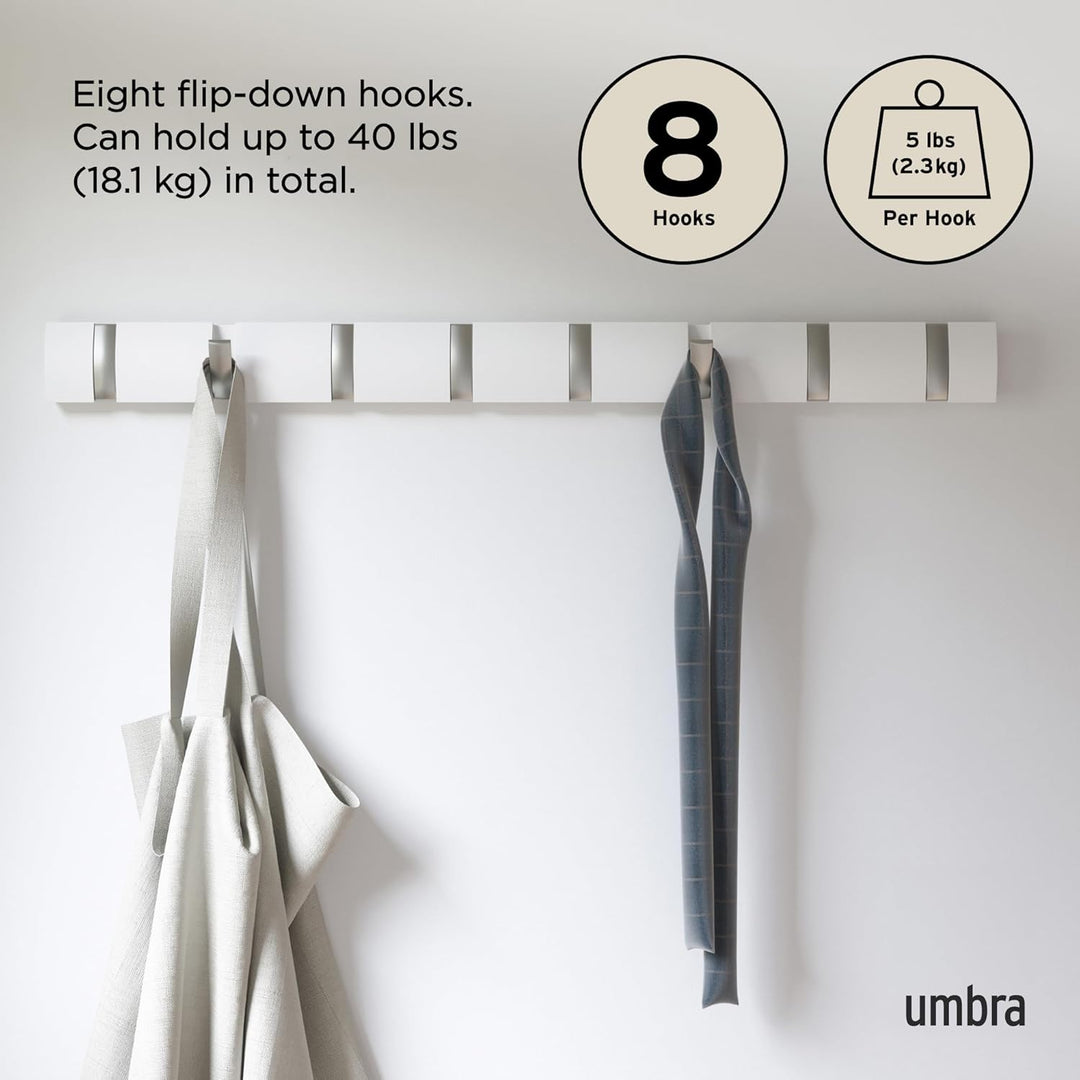 Umbra Flip 8 Garderobenhaken – Moderne, Schlichte und Platzsparende Garderobenleiste mit 8 Beweglich