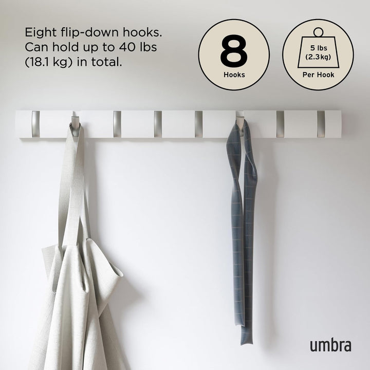 Umbra Flip 8 Garderobenhaken – Moderne, Schlichte und Platzsparende Garderobenleiste mit 8 Beweglich