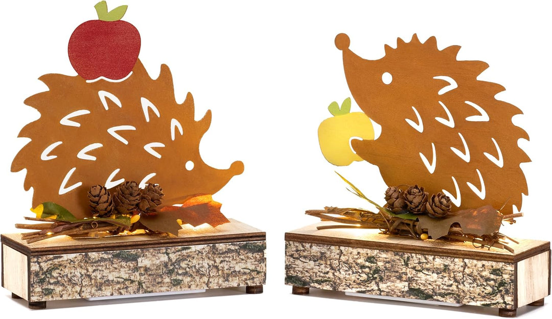 VALERY MADELYN 2er Rost Bunt Metall Igel Figuren für Herbstdeko Innen,mit LED,Sockel mit Holztextur,