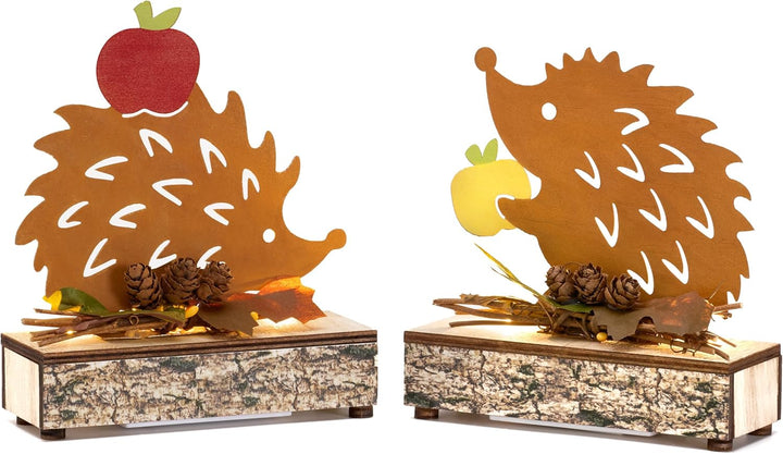 VALERY MADELYN 2er Rost Bunt Metall Igel Figuren für Herbstdeko Innen,mit LED,Sockel mit Holztextur,