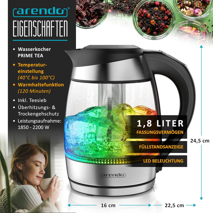 Arendo - Glas Wasserkocher mit Temperatureinstellung - mit Teesieb - Kabellos - 2200 W - 1,8L – Über