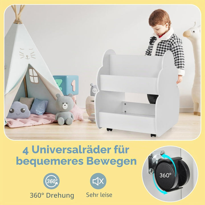 HOMASIS Kinder Bücherregal Spielzeugregal mit 2 Fächern, Holz Kinderregal Standregal mit 4 Rädern, n