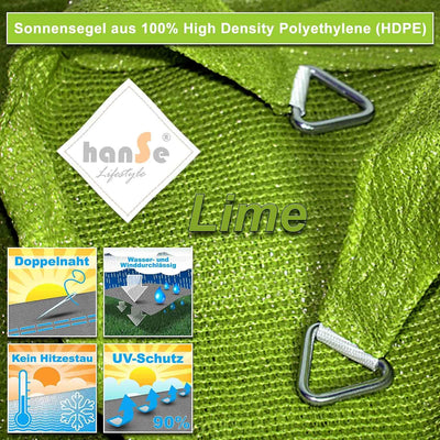 hanSe Sonnensegel quadratisch, Segeltuch Quadrat, 2x2 m in Limegrün, aus HDPE Gewebe, wetterbeständi