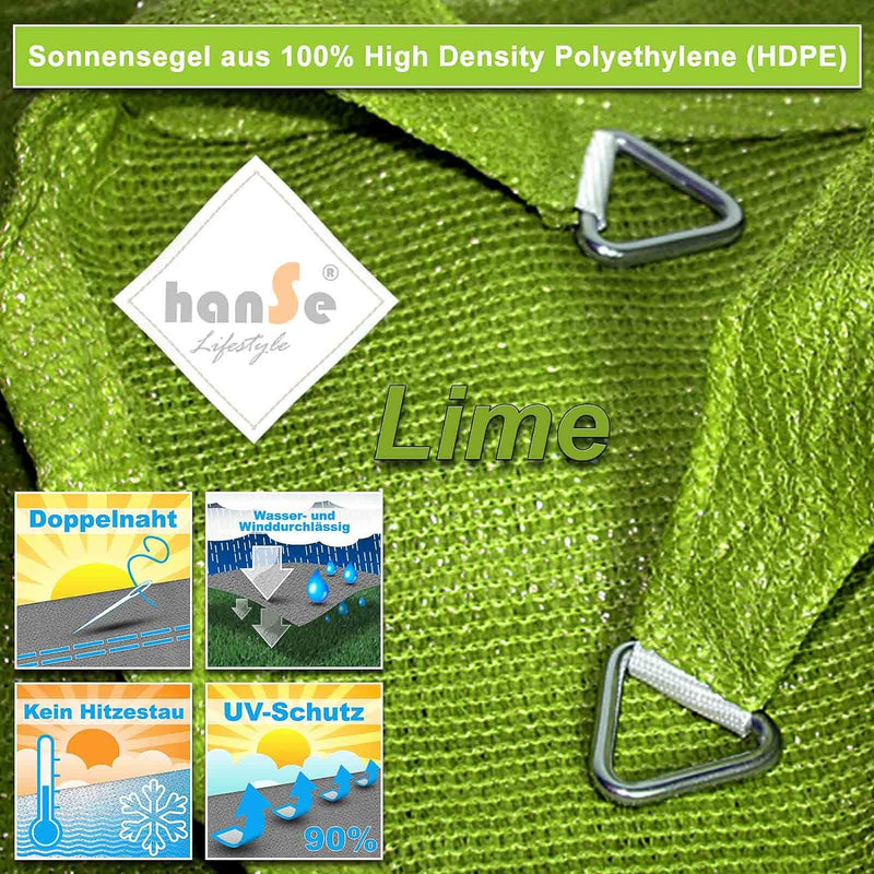 hanSe Sonnensegel quadratisch, Segeltuch Quadrat, 2x2 m in Limegrün, aus HDPE Gewebe, wetterbeständi