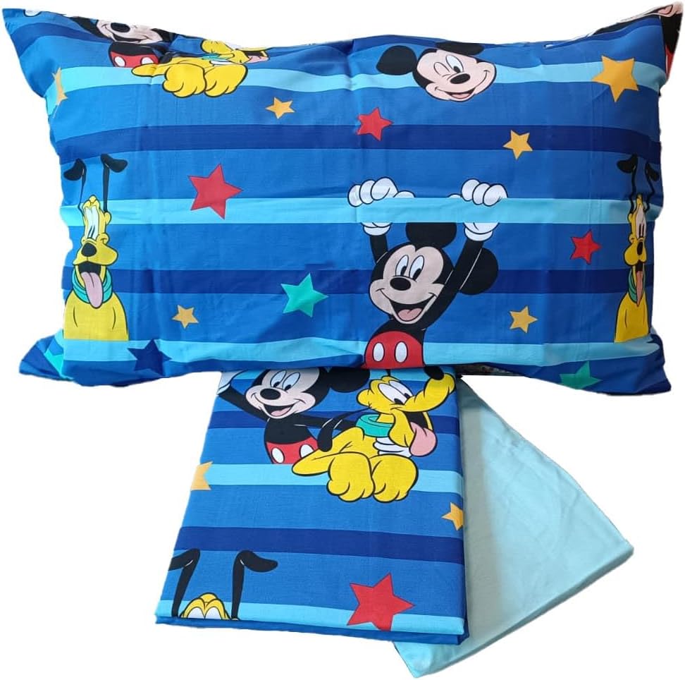 Mickey Mouse Mickey Mouse, Einzelbett-Bettlaken, Spannbettlaken, Kissenbezug, Blau, Disney, 100% Bau