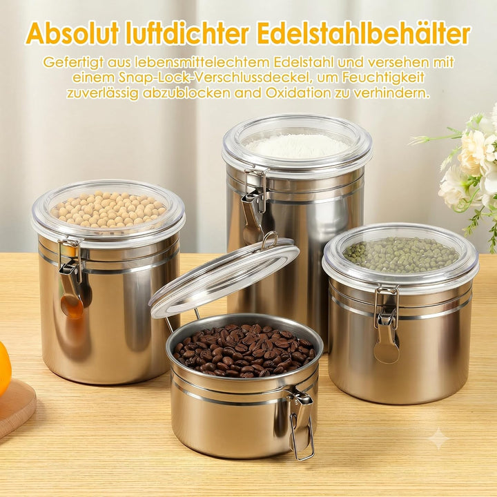 4 Stück Kaffeedose Luftdicht mit Sichtfenster und Silikondichtung | 100% Luftdicht, Premium Edelstah