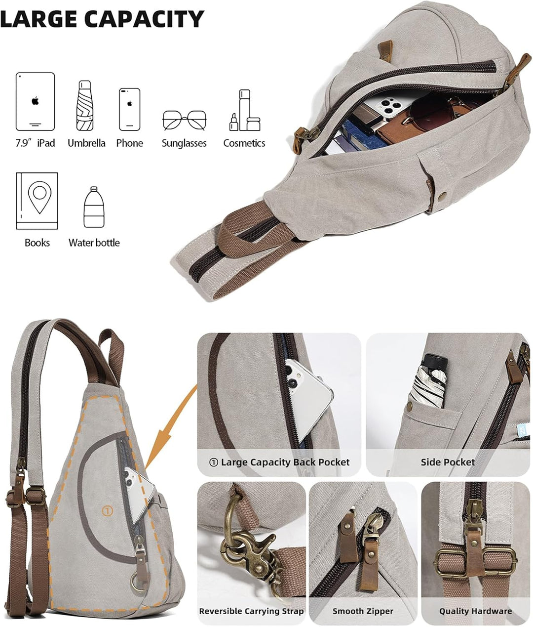 KL928 Canvas Sling Bag Rucksack Damen und Herren – Schulterrucksack Umhängetasche Crossbag Verstellb