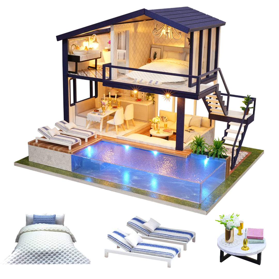 CUTEROOM DIY Holz Puppenhaus Handwerk Miniatur Kit Modell & Möbel - Time Apartment mit Schwimmbad, T