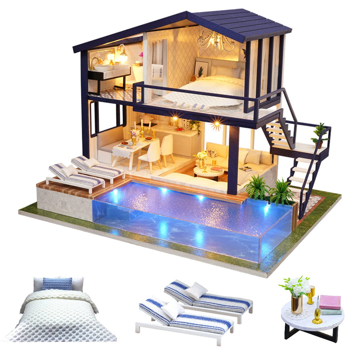 CUTEROOM DIY Holz Puppenhaus Handwerk Miniatur Kit Modell & Möbel - Time Apartment mit Schwimmbad, T
