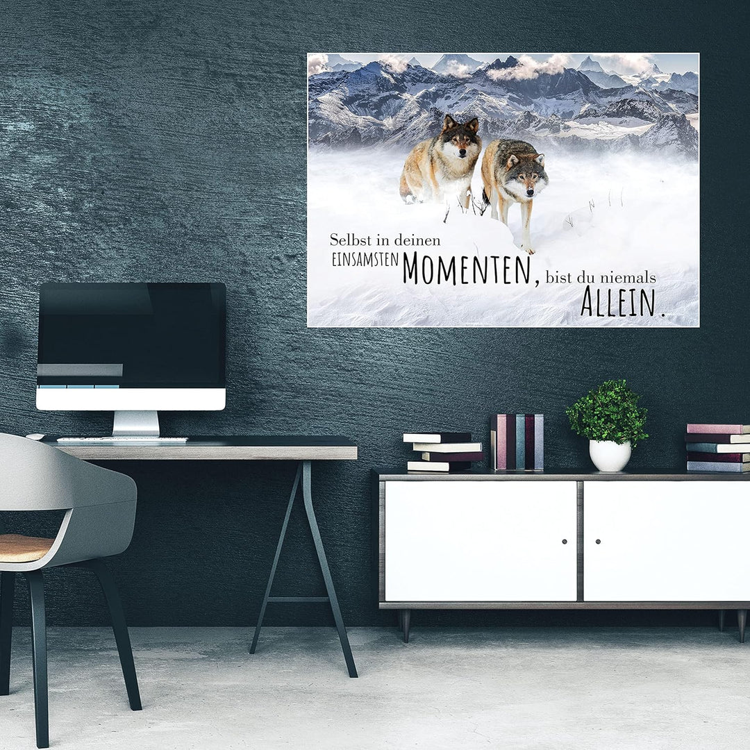 wandmotiv24 Poster als Wanddeko, Grösse 100x70cm, Wolfsrudel, Niemals allein, Wölfe, Wolf, Berge, Ti