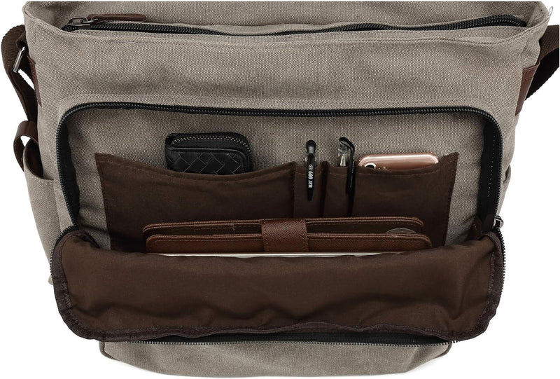 CALIYO Umhängetaschen Herren aus Canvas Schultasche Queformat A4 Laptoptasche für 15,6 Zoll Laptop A