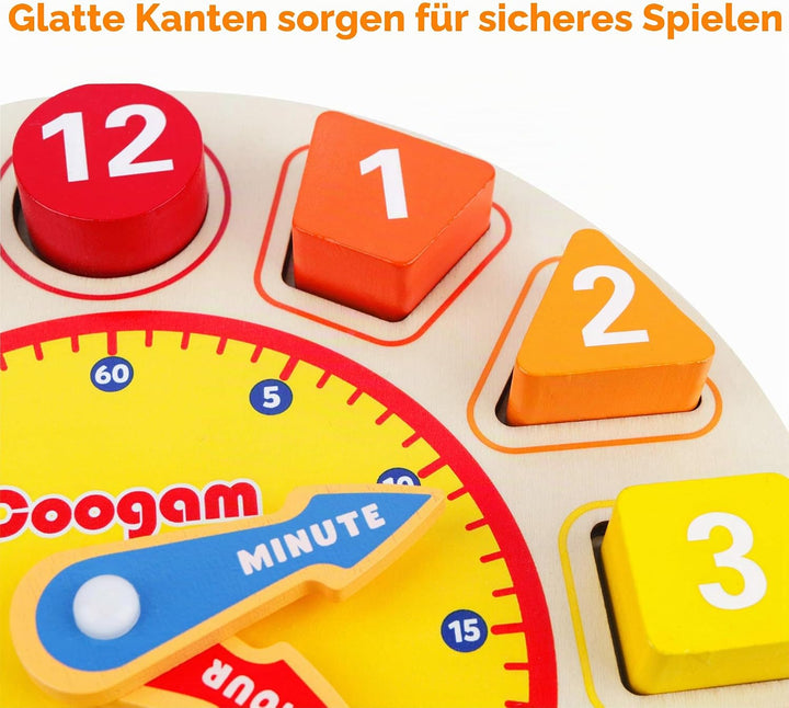 Coogam Lernuhr Holz Montessori Spielzeug mit 12 Steck-Formen Sortierung - Anzahl Blöcke Puzzle Stape