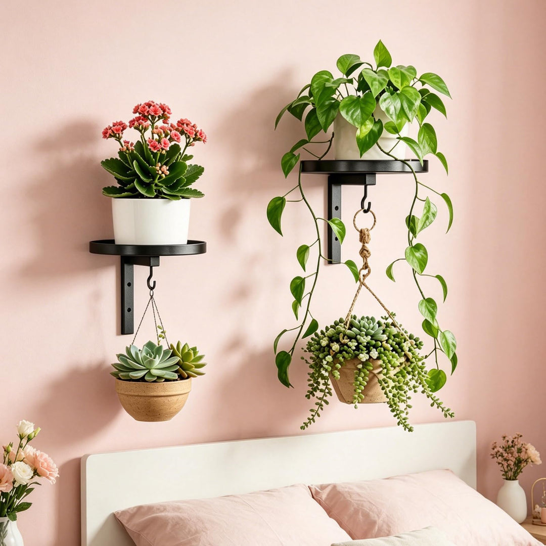 Wandbehang Pflanzenständer, 2 Stück Blumenständer Wandmontage Set Pflanzenregal aus Metall mit Haken