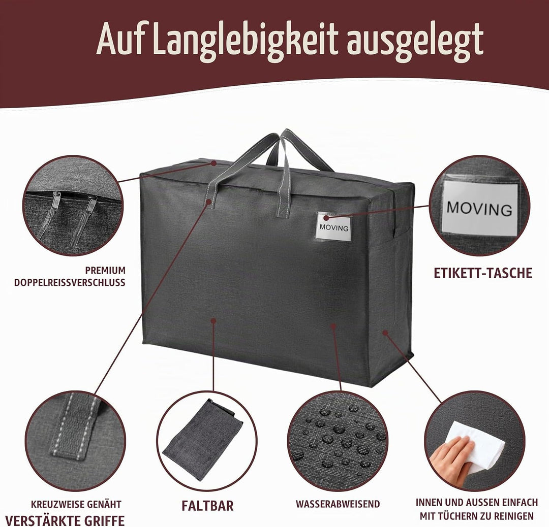 VENO 105 Liter Extra Gross Aufbewahrungstasche mit starke Griffe und Reissverschlüssen für Umzug, Ca