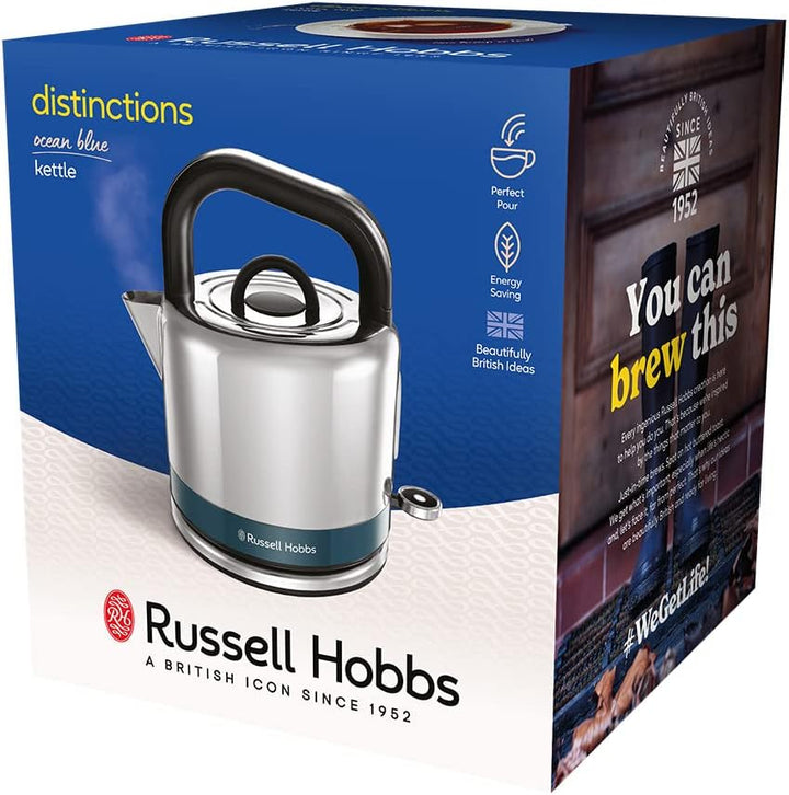 Russell Hobbs Wasserkocher [1,5l] Distinctions Edelstahl Ocean Blue (Schnellkochfunktion, herausnehm
