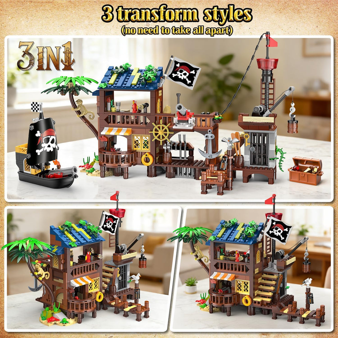 HOGOKIDS Piratenhafen Bauset mit LED, 3 Darstellungsmodi Piratenschiff-Haus-Bauspielzeug, kreatives