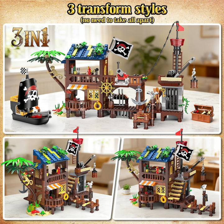 HOGOKIDS Piratenhafen Bauset mit LED, 3 Darstellungsmodi Piratenschiff-Haus-Bauspielzeug, kreatives