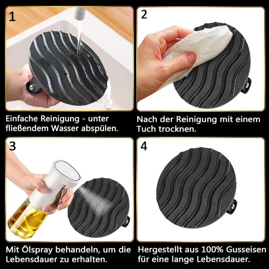 Burgerpresse Gusseisen antihaft | Grosser Burger Smasher (Ø15cm) mit hitzeabweisendem Griff | Fleisc