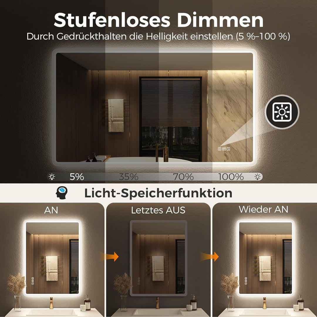 STARLEAD Badezimmerspiegel-mit-Beleuchtung 50x70cm, Dimmbar, 3 Lichtfarben, LED-Spiegel-Bad-mit-Blue