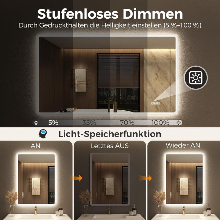 STARLEAD Badezimmerspiegel-mit-Beleuchtung 50x70cm, Dimmbar, 3 Lichtfarben, LED-Spiegel-Bad-mit-Blue