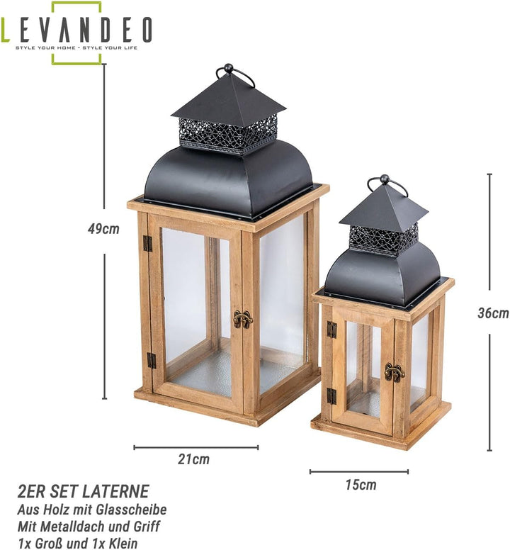 2er Set Laterne Braun Holz Metall Kerzenhalter Windlicht Gartendeko Holzlaterne Gartenlaterne Garten