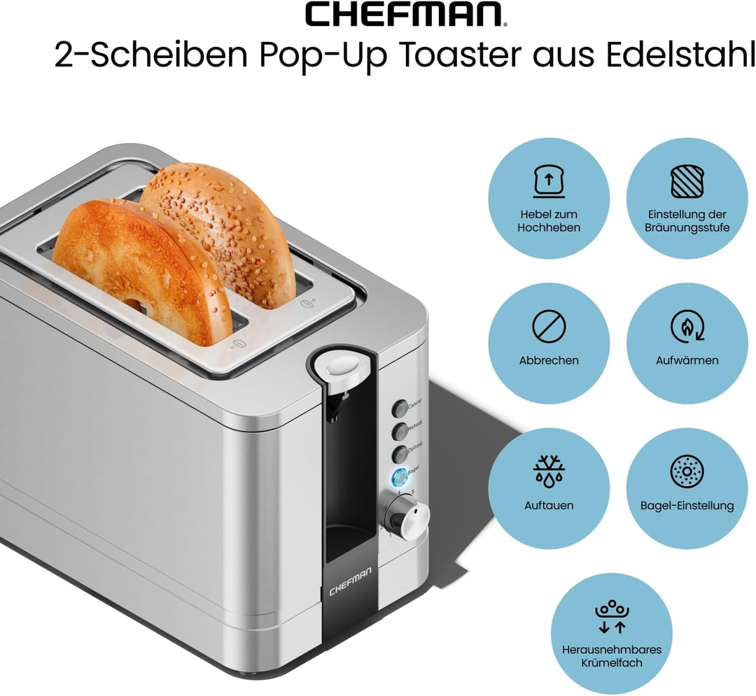 Chefman Edelstahl-Toaster für 2 Scheiben mit 7 Bräunungseinstellungen, extrabreiten Schlitzen für Ba