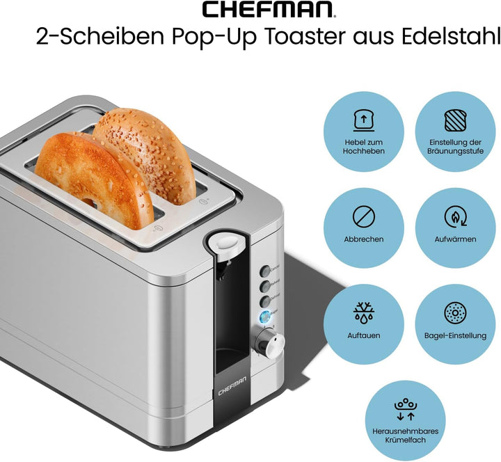 Chefman Edelstahl-Toaster für 2 Scheiben mit 7 Bräunungseinstellungen, extrabreiten Schlitzen für Ba