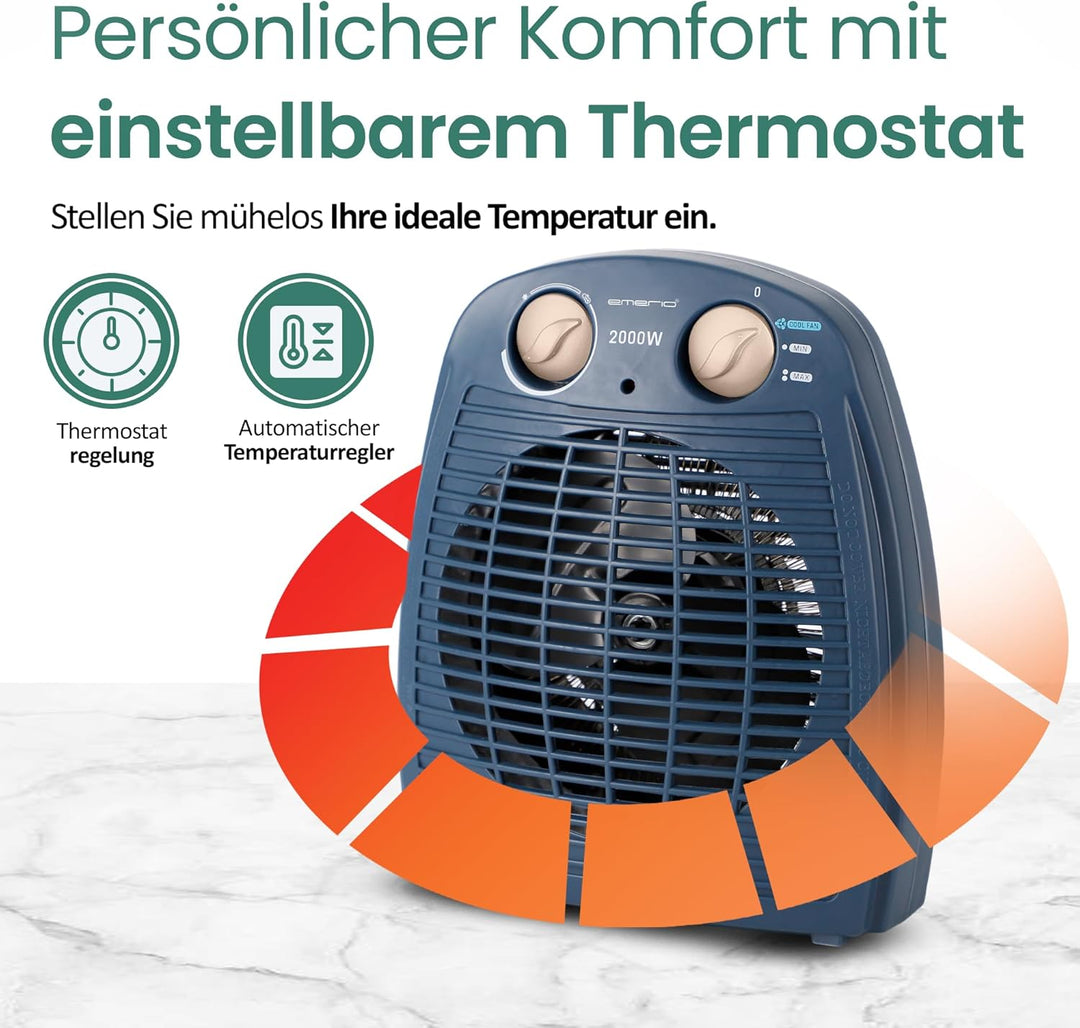 EMERIO Heizlüfter 2000W | klein leicht kompakt portabel | für ca. 25m² | 2 Heizleistungen + Ventilat