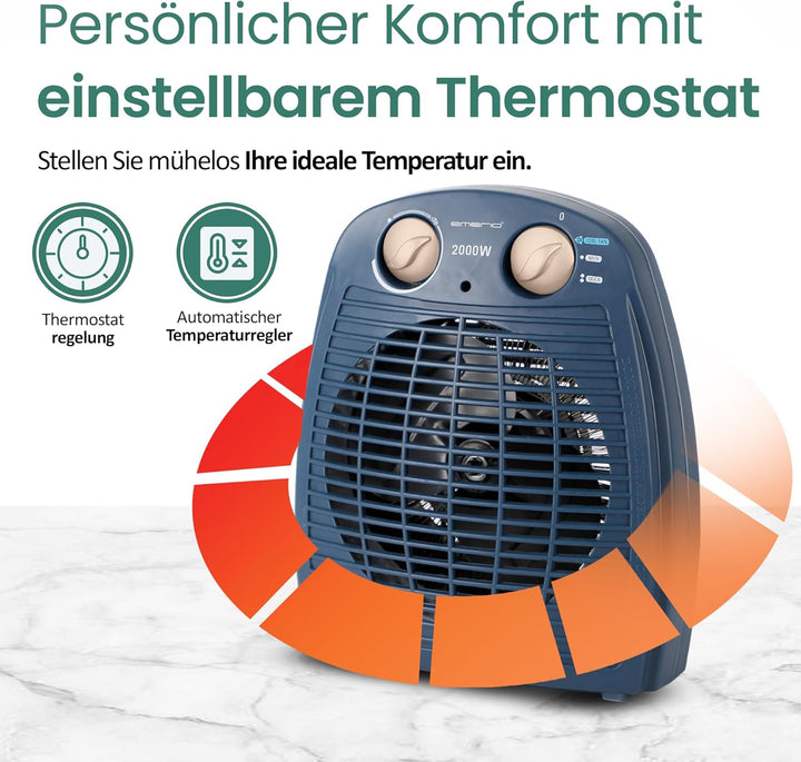 EMERIO Heizlüfter 2000W | klein leicht kompakt portabel | für ca. 25m² | 2 Heizleistungen + Ventilat