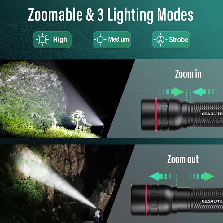 GEARLITE LED Mini Taschenlampe Aufladbar, 2000 Lumen LED Taschenlampe Extrem Hell mit 3 Modi, Zoomba