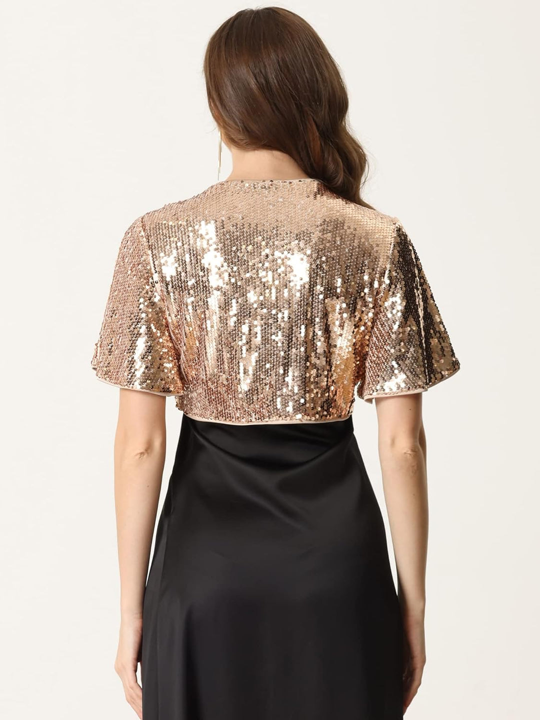 Allegra K Damen Bolero Pailletten Glitzer Shrug Party Crop Jacke S Rosegold, S Rosegold