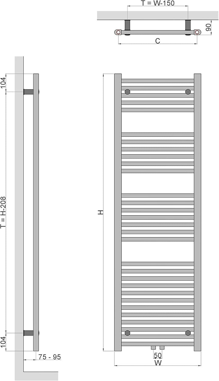 MC Heat Premium Badheizkörper (300x1200 mm Anthrazit) - Handtuchheizkörper - Handtuchwärmer mit Mitt