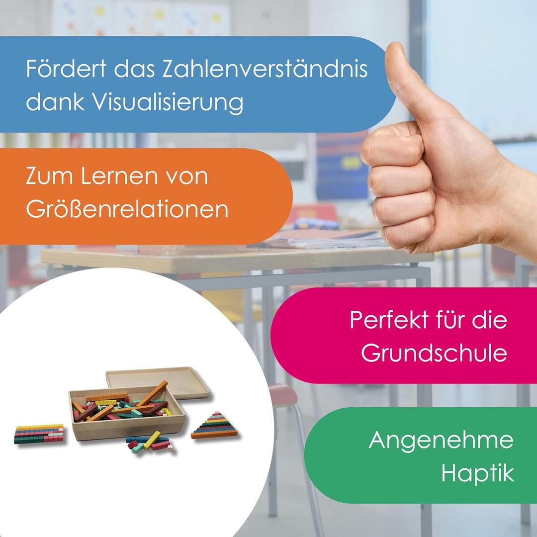 WISSNER® Rechenstäbe 126 Stück, Bunte Rechenstäbe für das spielerische Zahlenverständnis, Re-Wood® R