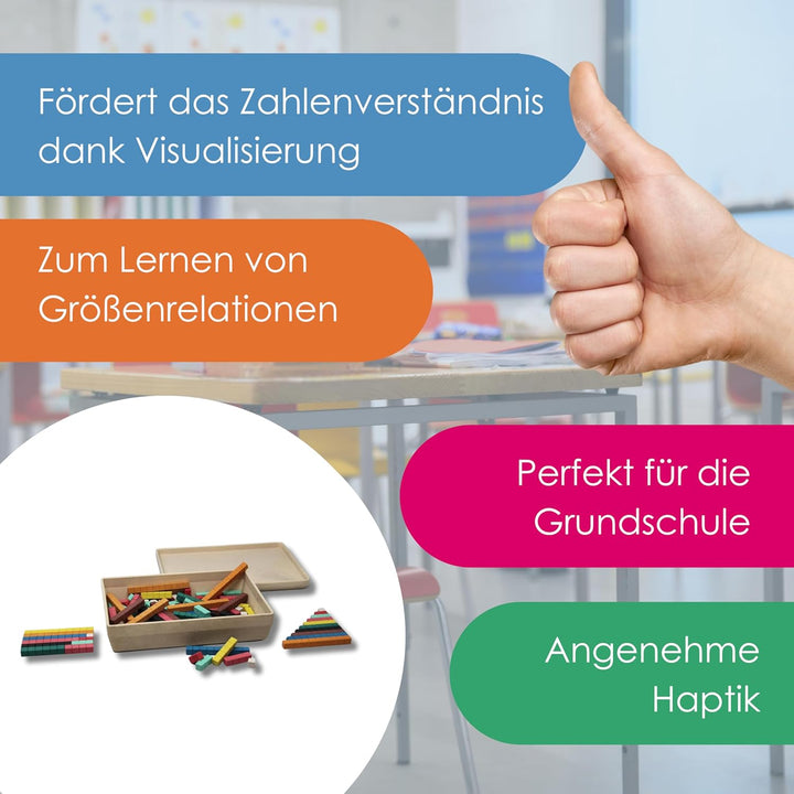 WISSNER® Rechenstäbe 126 Stück, Bunte Rechenstäbe für das spielerische Zahlenverständnis, Re-Wood® R