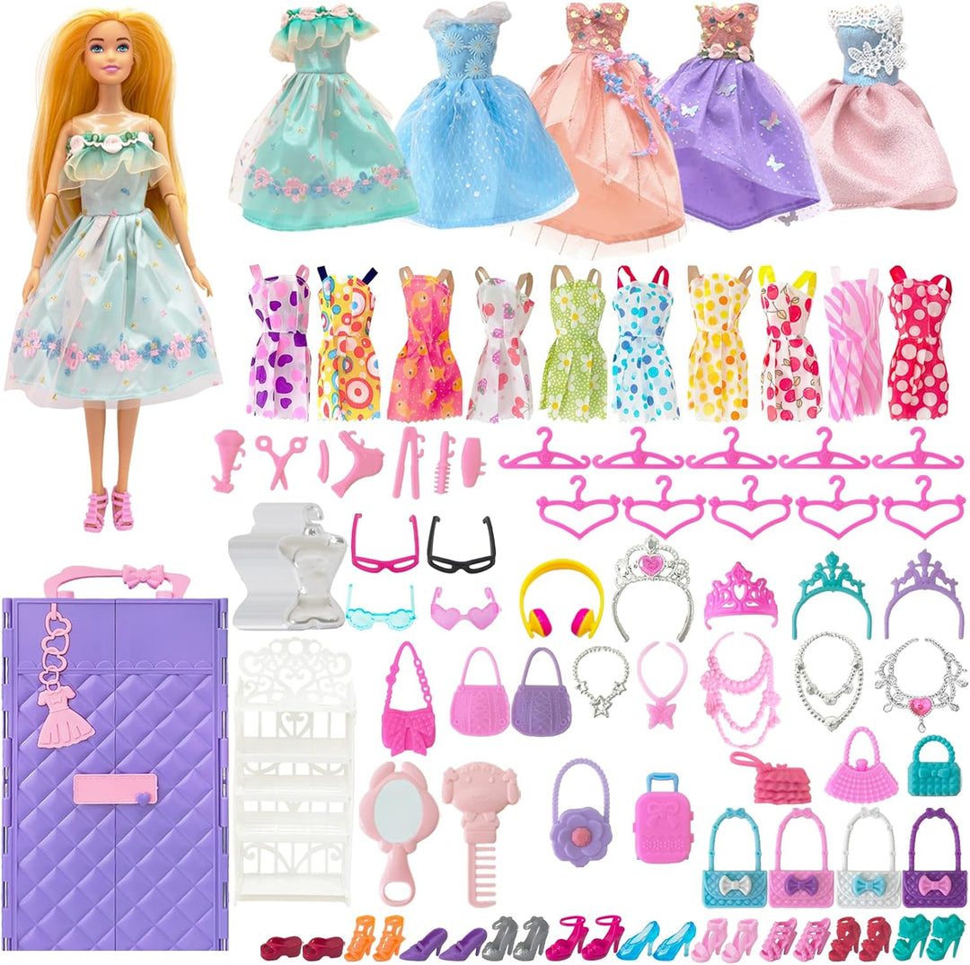 Puppen Kleiderschrank Set 63 Zubehör, für 11,5 Zoll Mädchen Puppen, für Puppe Kleidung, Einschliessl