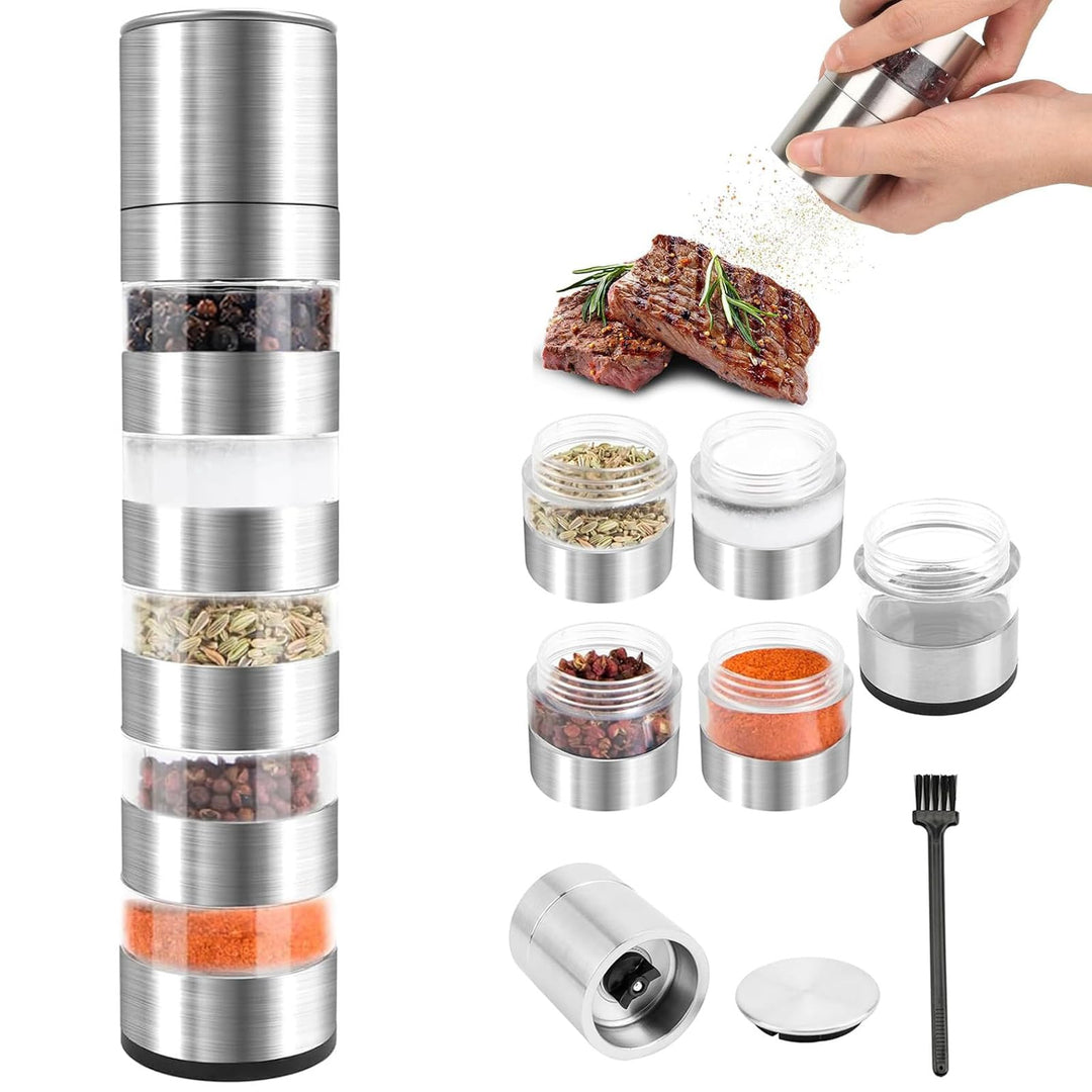 5 in 1 Gewürzstreuer, Edelstahl Gewürzmühle Set, Gewürzdosen Mini Gewürzmühle, Chef Mini Salz- und P