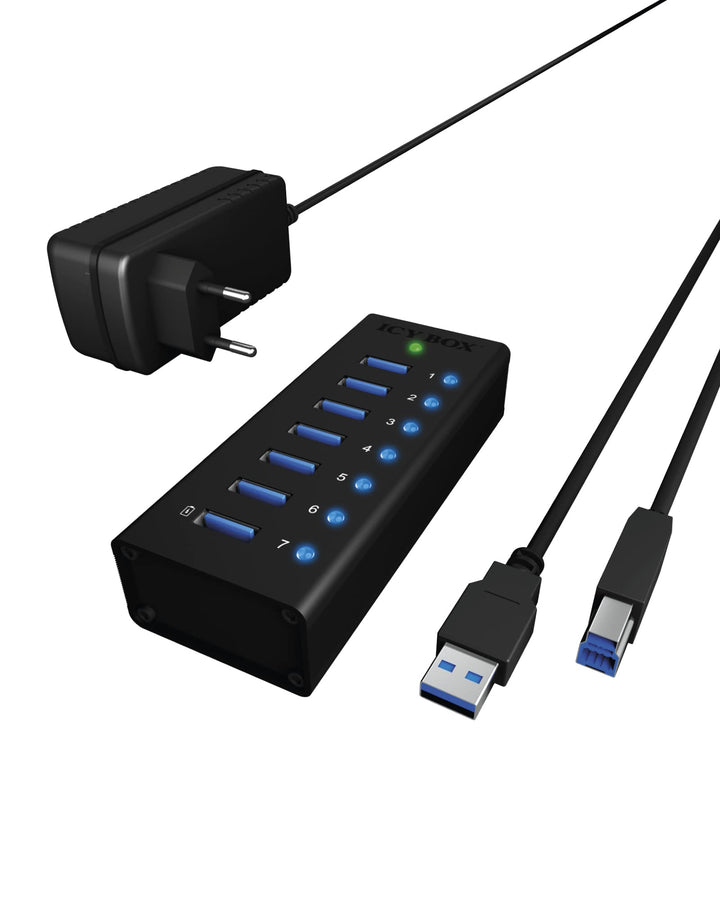 Icy Box IB-AC618 7-fach USB 3.0 Hub mit 12 V / 3 A Stromadapter, Aluminiumgehäuse und USB-Ladeport s